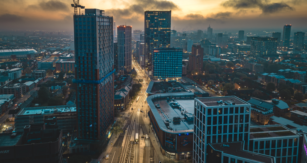 city skyline at dusk