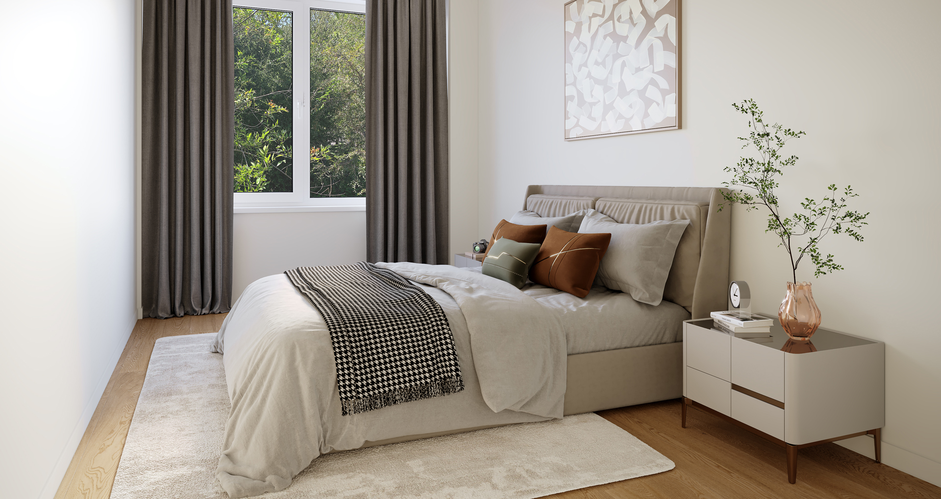 Inside Lakeside Apartment Bedroom, decorated with neutral colours